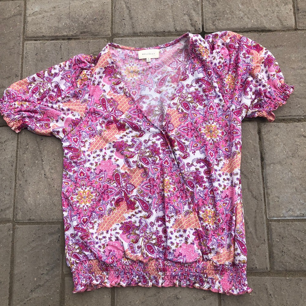 Melloday Top Small Pink Paisley Smocked Wrap Blouse Stretch Ruffled Short Sleeve